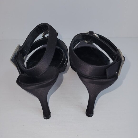 Nina Black Sateen Ankle Strap Heels W/Rhinestone Embellishment Women's Size 6.5 - Picture 6 of 13